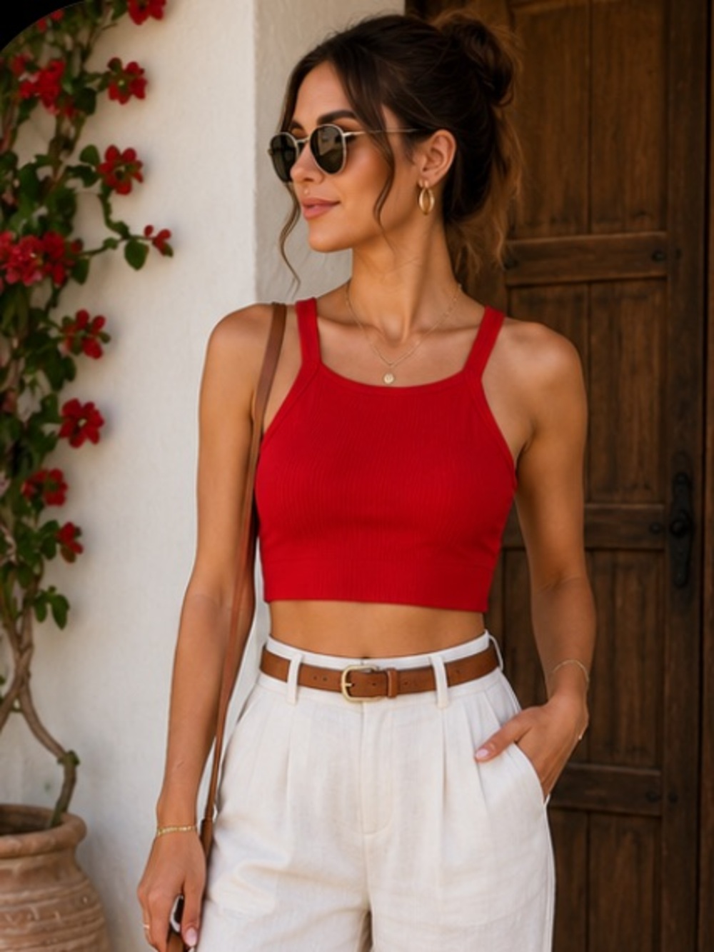 🟡Aura Red Ribbed High-Neck Crop Top